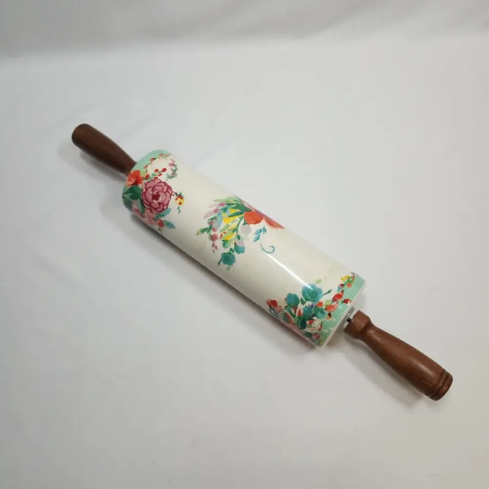 Pioneer Woman Rolling Pin PAINTED MEADOWS Stonewear Floral Acacia Wood Handles